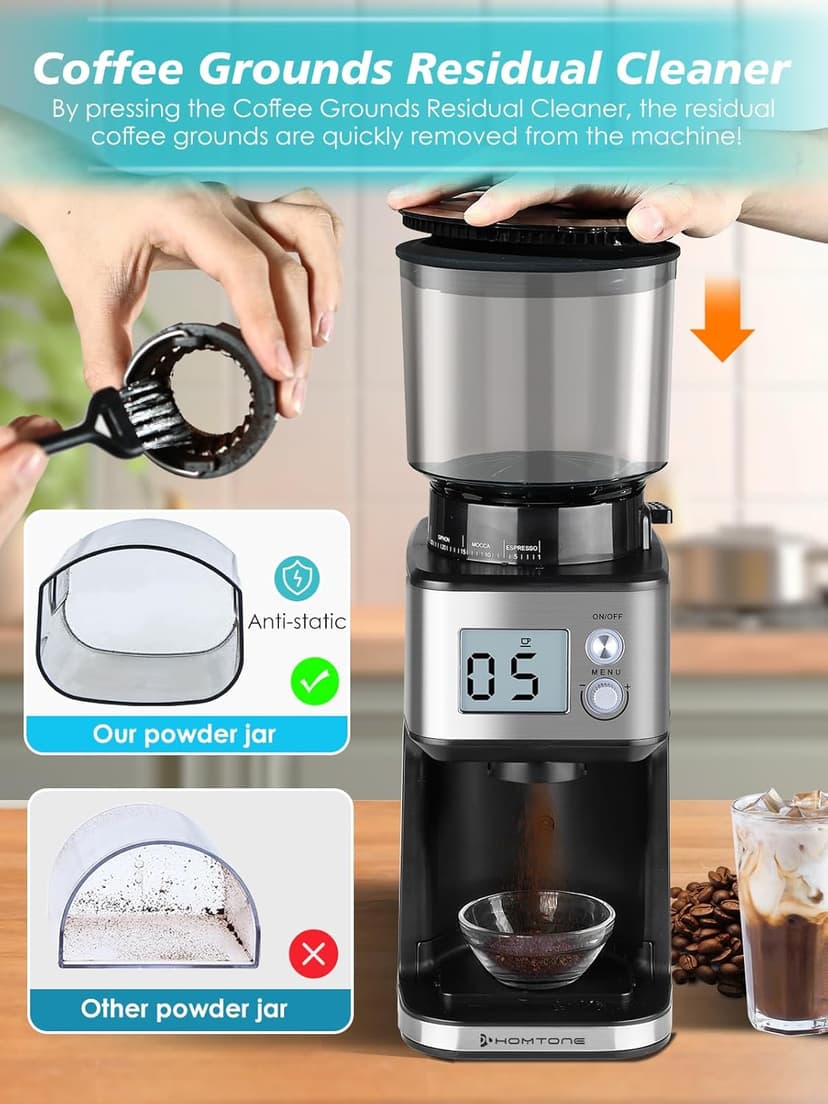 Homtone Conical Burr Coffee Grinder, Anti-Static Electric Espresso Grinder with 51 Precise Settings, Adjustable for 2-12 Cups, 120V Clog-Free, Digital Display Stainless Steel