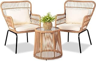 3 Piece Outdoor Wicker Furniture Bistro Set, Rattan Chairs Conversation Sets Wicker Patio Furniture for Balcony Poolside Backyard, Yellow/Beige
