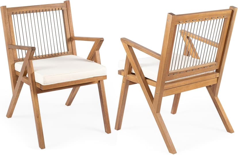 Christopher Knight Home Becker Outdoor Dining Chairs Set of 2 with Cushion, Acacia Wood Dining Room Armchair Set, Garden Chair Set with Handwoven Accent, Patio Dinners Comfy Extra Seat, Cream + Teak