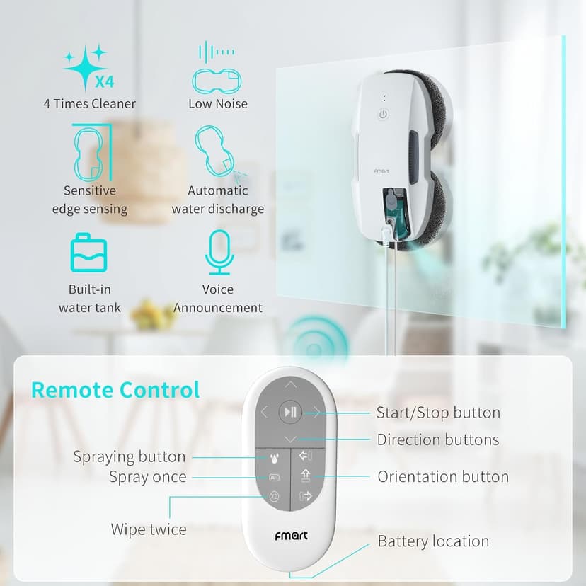 FMART T9Pro Window Cleaning Robot, Ultrasonic Atomization Intelligent Water Spray, 3800PA Suction Power, AI Intelligent Path Planning, Edge Detection Technology, Remote Control Robot Window Cleaner