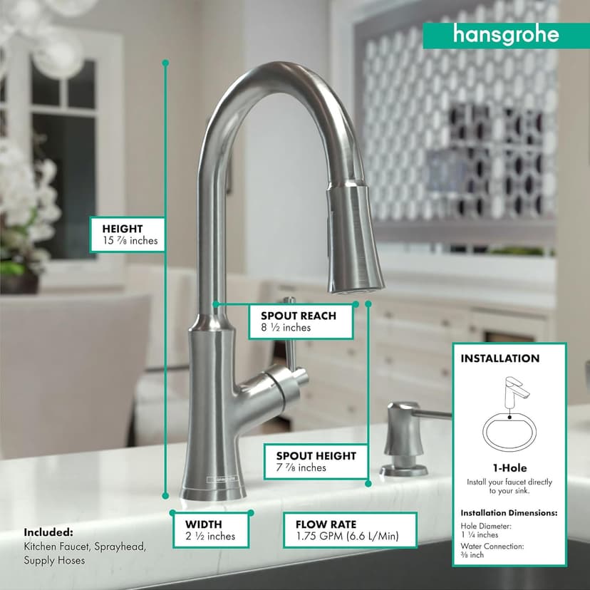 hansgrohe Joleena Stainless Steel High Arc Kitchen Faucet, Kitchen Faucets with Pull Down Sprayer, Faucet for Kitchen Sink, Stainless Steel Optic 04793800, 15.8-Inches Tall