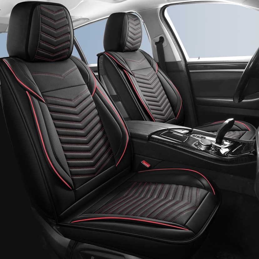 Car Seat Covers,Breathable and Waterproof Leather Seat Covers for Cars,Universal Anti-Slip Driver Seat Cover with Backrest for SUV Pick-up Truck Sedan(Style1,2 PCS Front Seat,Black+Red)