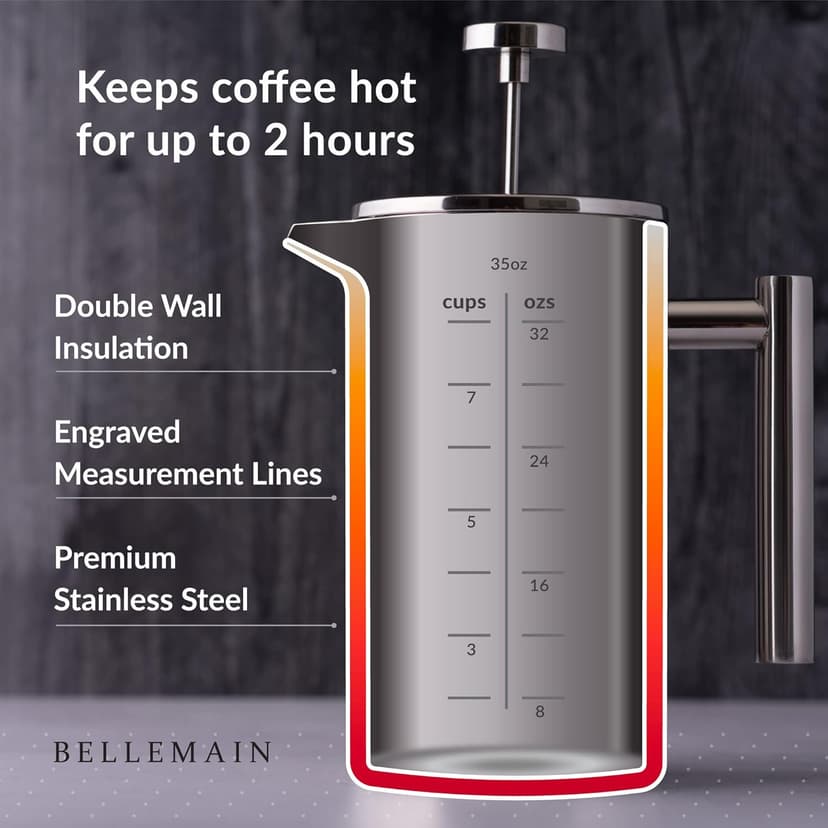 Bellemain French Press Coffee Maker Extra Filters Included, 35 oz, Stainless Steel