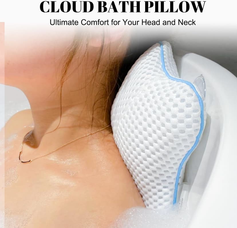 Non Slip Bath Pillow, Luxury Spa Bathtub Head & Neck Rest Support, Permeable Quick Drying Air Mesh Tub Pillow with 4 Large Suction Cups, Fits Any Tubs, Soft and Relaxing