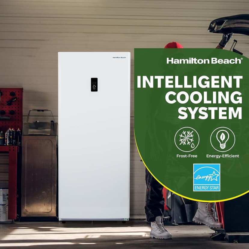 Hamilton Beach HZ8971 17 cu ft Upright Convertible Fridge/Freezer-Frost Free-Reversible Door-Removable Glass Shelves-LED Interior Light, White