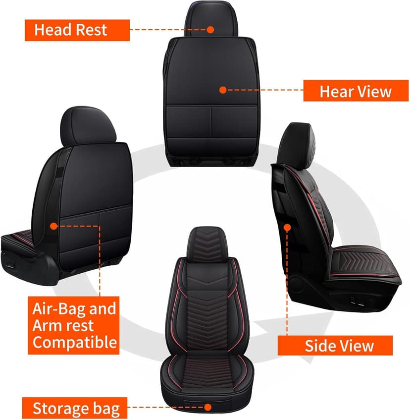 Car Seat Covers,Breathable and Waterproof Leather Seat Covers for Cars,Universal Anti-Slip Driver Seat Cover with Backrest for SUV Pick-up Truck Sedan(Style1,2 PCS Front Seat,Black+Red)