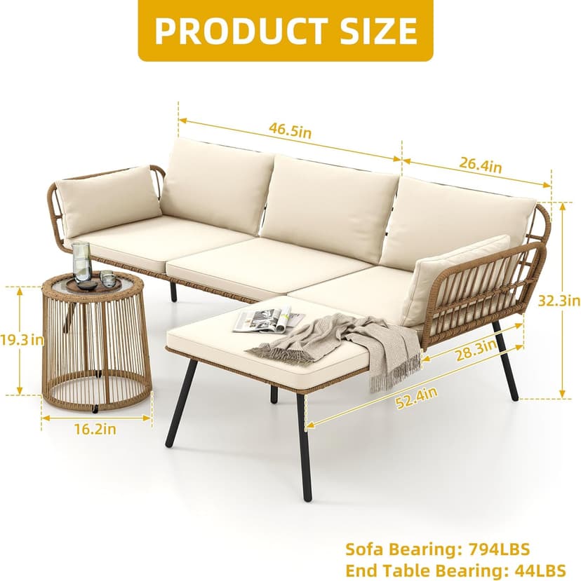 DWVO Patio Furniture Set 3 Piece Outdoor Wicker Conversation Set with Detachable Cushions and Coffee Table L-Shaped Sectional Sofa Set Outdoor Furniture Set for Backyard Porch Deck - Beige