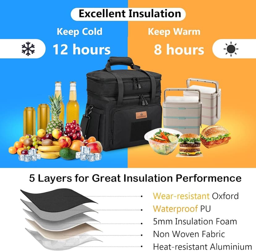 HSHRISH Tactical Lunch Box, Large Expandable Insulated Lunch Bag, Durable Waterproof Leakproof Cooler Bag for Adults/Men/Women/Work Outdoor Beach Trips, 20 Cans/15 L, Black