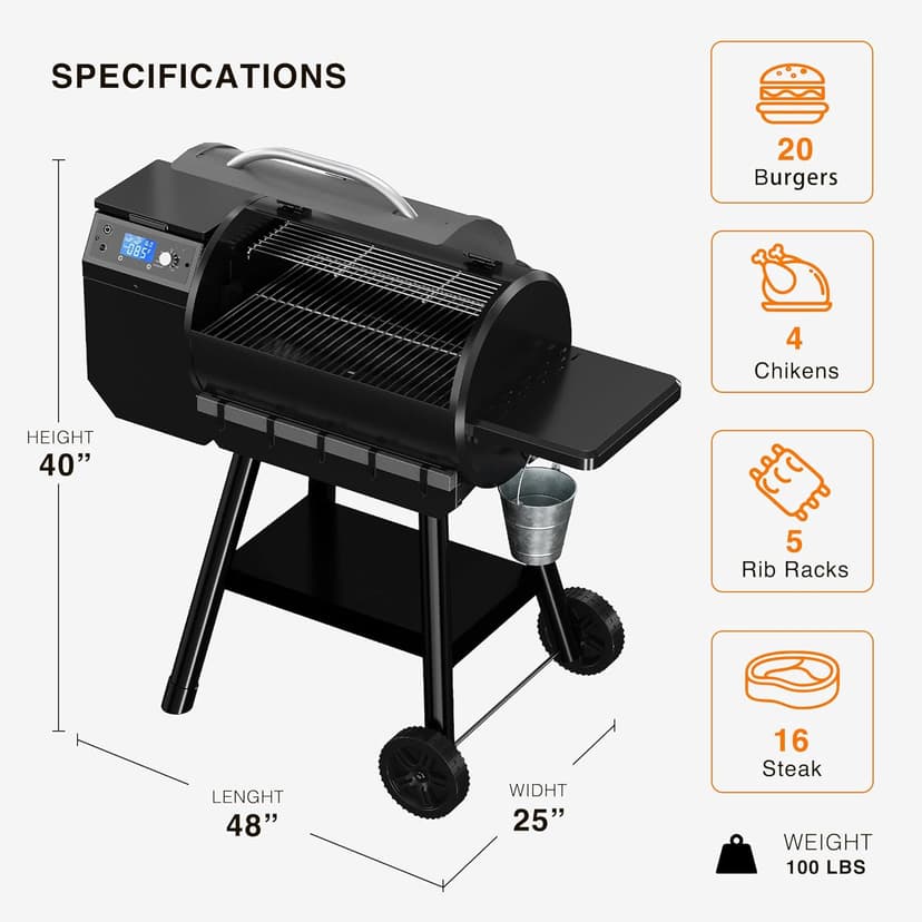 LCD Control Wood Pellet Smoker Grill, 456 SQ. IN Cook Area, Pellet Grill with Auto Feed & Leaking Waste, 500°F Max Temperature, 8 in 1 BBQ Grill with Meat Probe, Side Table with Hooks(Black)