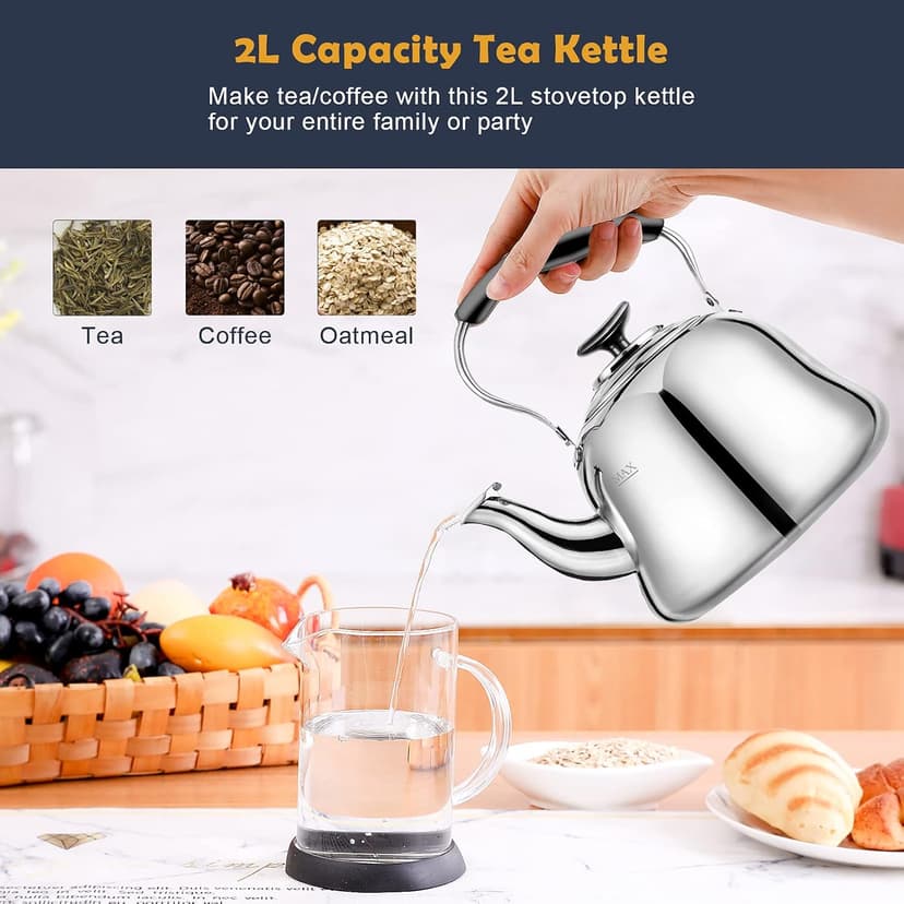 Tea Kettle Stovetop Whistling Teakettle ClassicTeapot Stainless Steel Tea Pots for Stove Top with Heat-resistant Folding Handle Mirror Finish, 2 liters