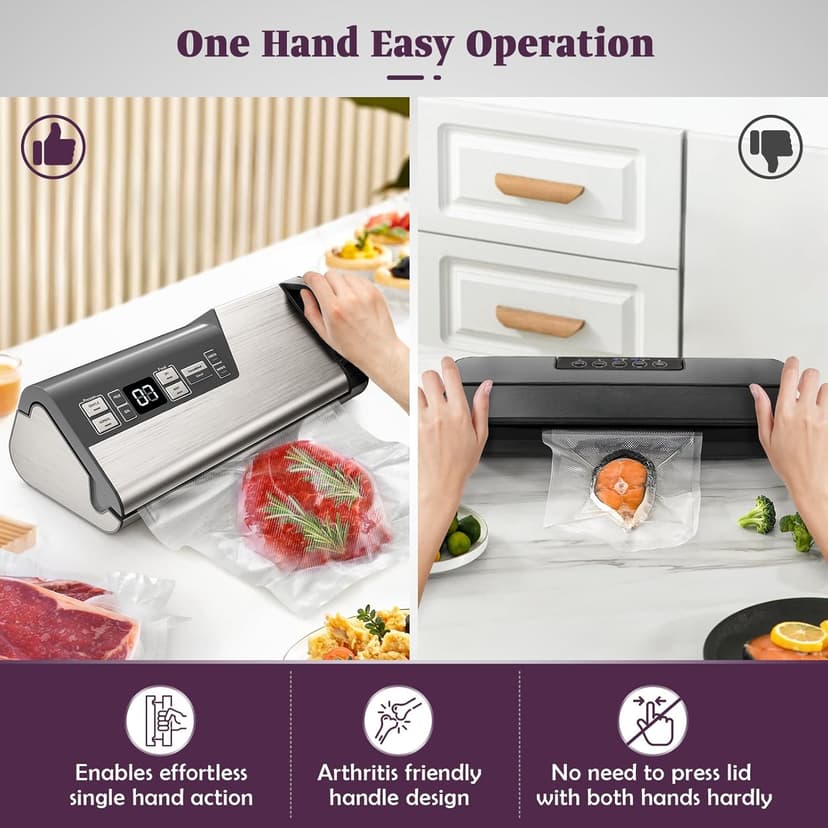 Vacuum Sealer Machine, 95kPa 140W Double Seal Powerful Food Sealer, One Hand Operation Food Storage with Build-in Cutter & Roll Storage