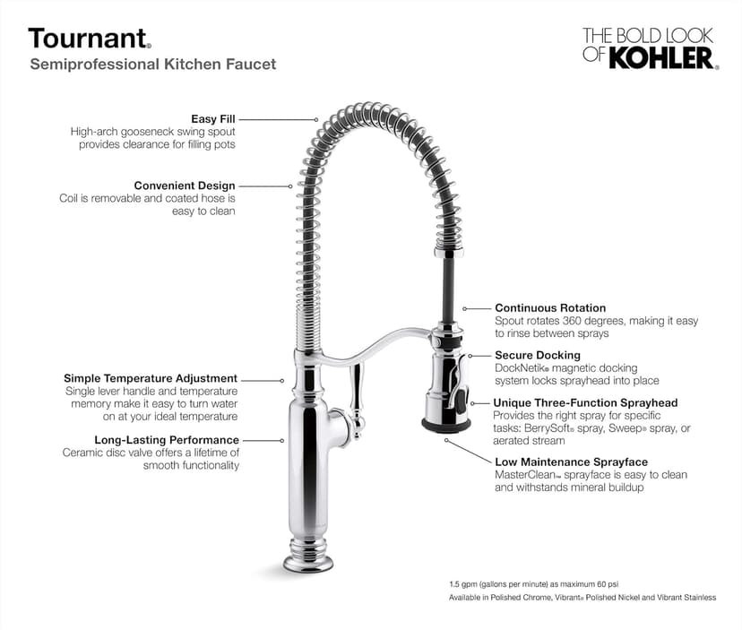 KOHLER Tournant Semi-Professional Pull-Down Kitchen Sink Faucet, Commercial Kitchen Faucet with Pull Down Sprayer, 77515-VS, Vibrant Stainless