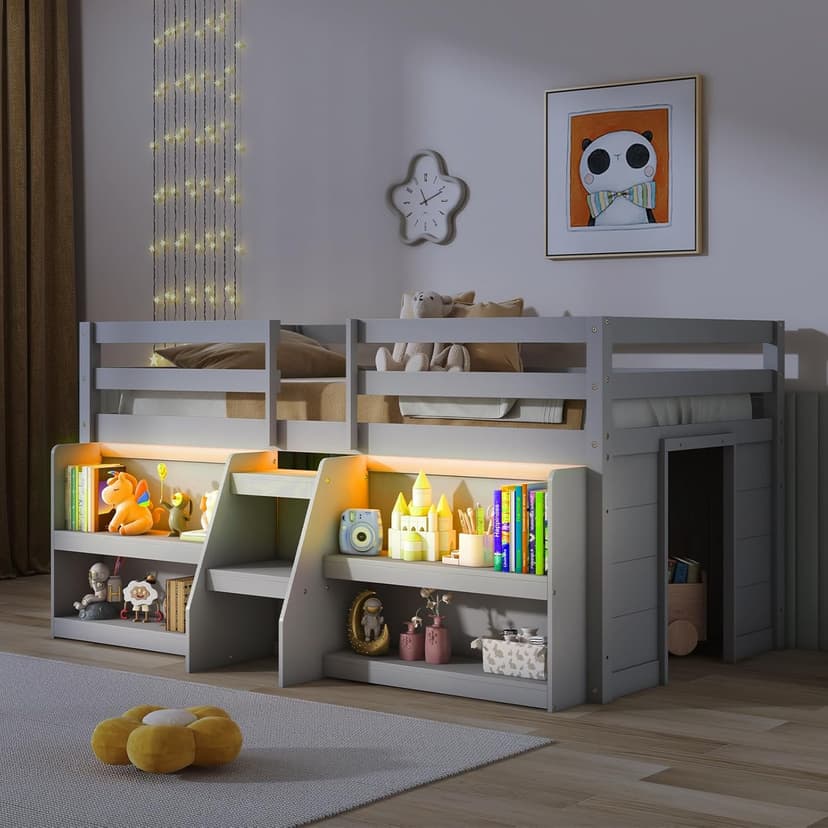 Giantex Low Loft Bed with LED Lights, Wooden Loft Bed Twin Size with Stairs & Safety Guardrail, Loft Bed for Kids with Storage Bookcase and Under-Bed Play Space, Grey