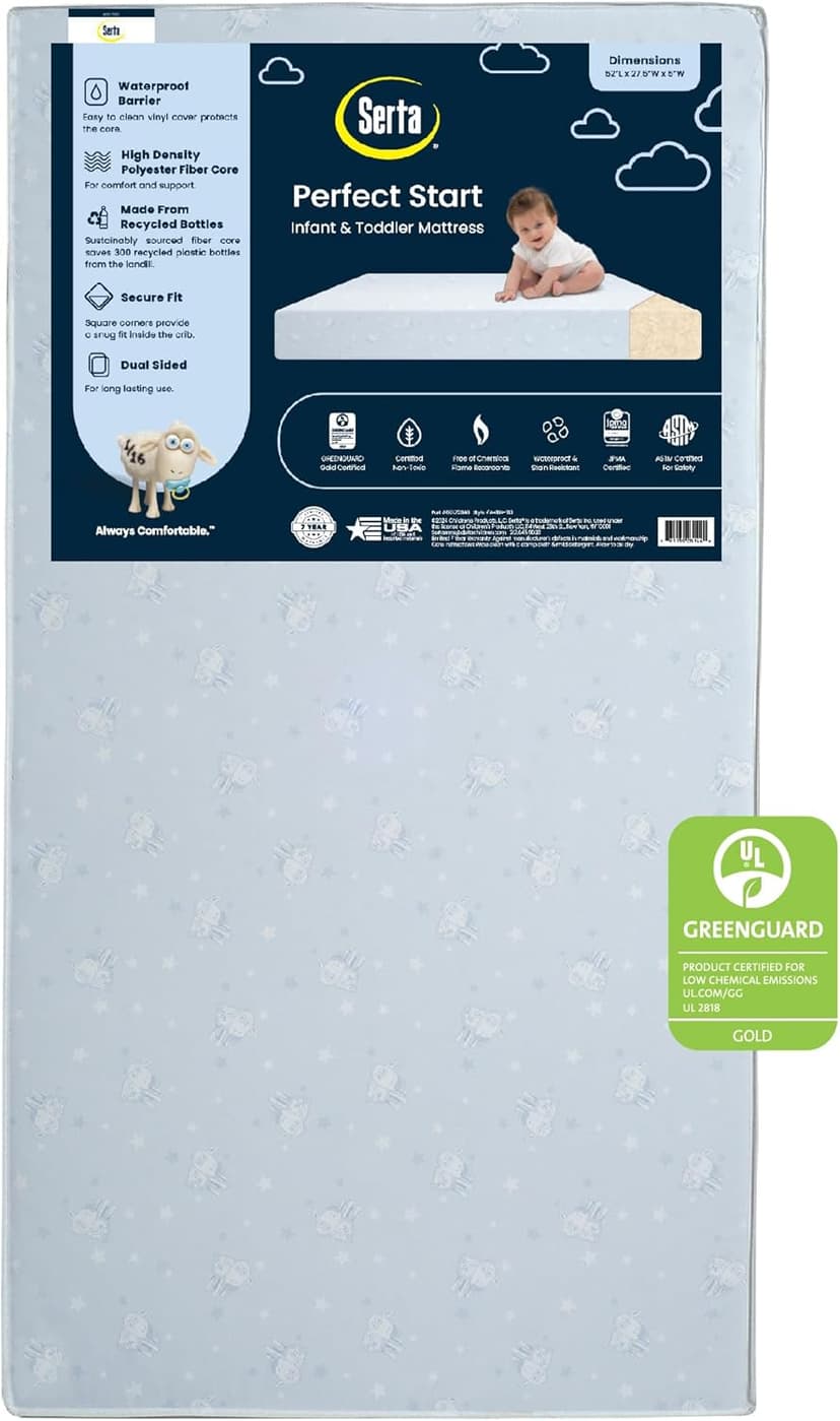 Serta Perfect Start Dual Sided Baby Crib Mattress & Toddler Mattress - Waterproof - 6" Premium Sustainably Sourced Fiber Core - GREENGUARD Gold Certified – 7 Year Warranty - Made in USA