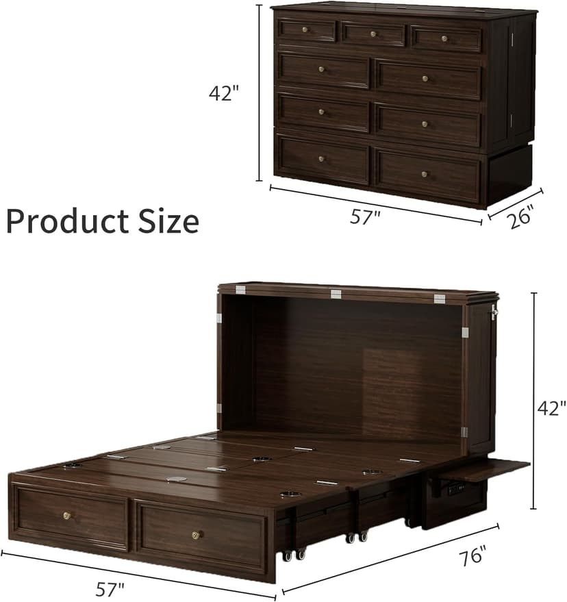 Murphy Bed Cabinet Full with Tri-Folding Mattress, Solid Wood Murphy Bed with 2 USB & 2 Charging Ports, Large Storage Drawer for Home Office or Small Space, Ebony Wood Color