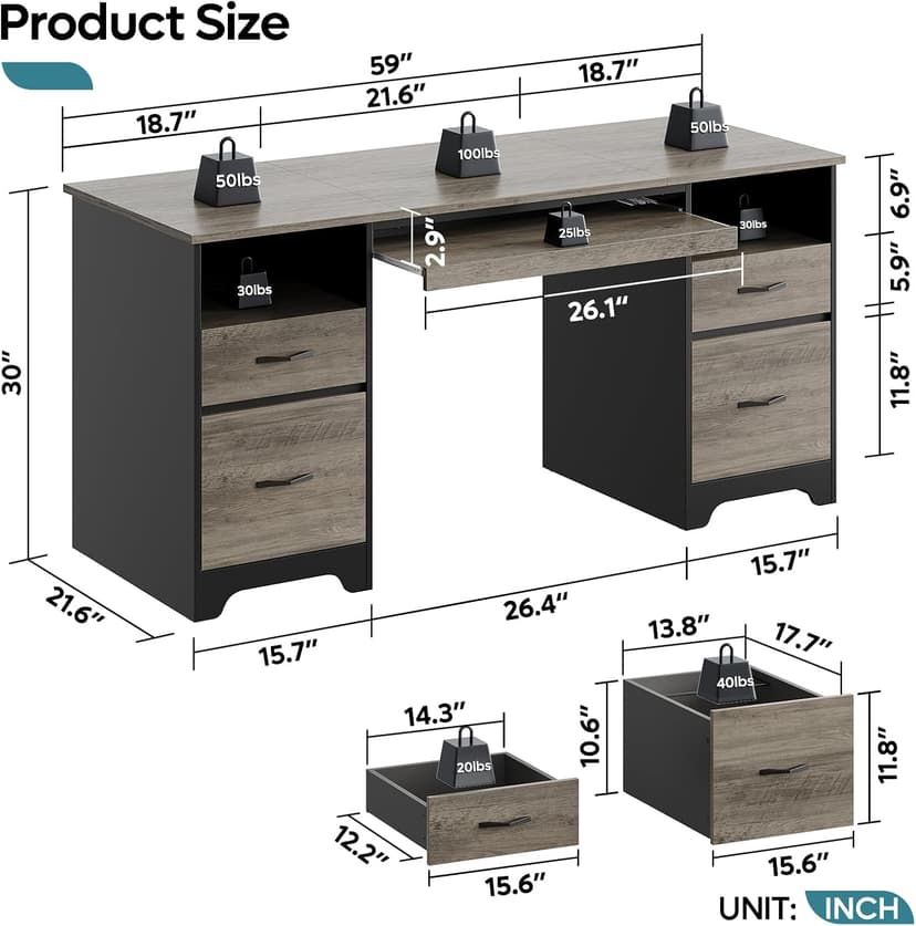 Bestier 59” Computer Desk with 4 Drawers, Office Desk with Storage, Industrial Executive Desk with File Drawer, Keyboard Tray & 2 Pedestals on Both Sides for Home Office & Studio, Grey