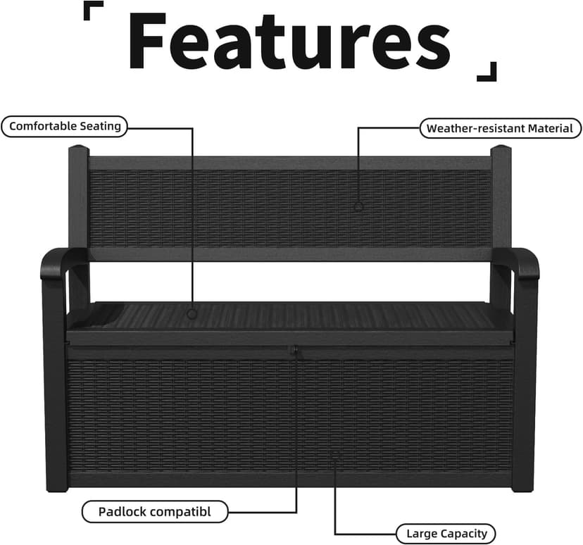70 Gallon Storage Bench Deck Box Waterproof Lockable,Outdoor Storage Furniture for Patio,Garden and Porch,Tools and Cushions（Black）