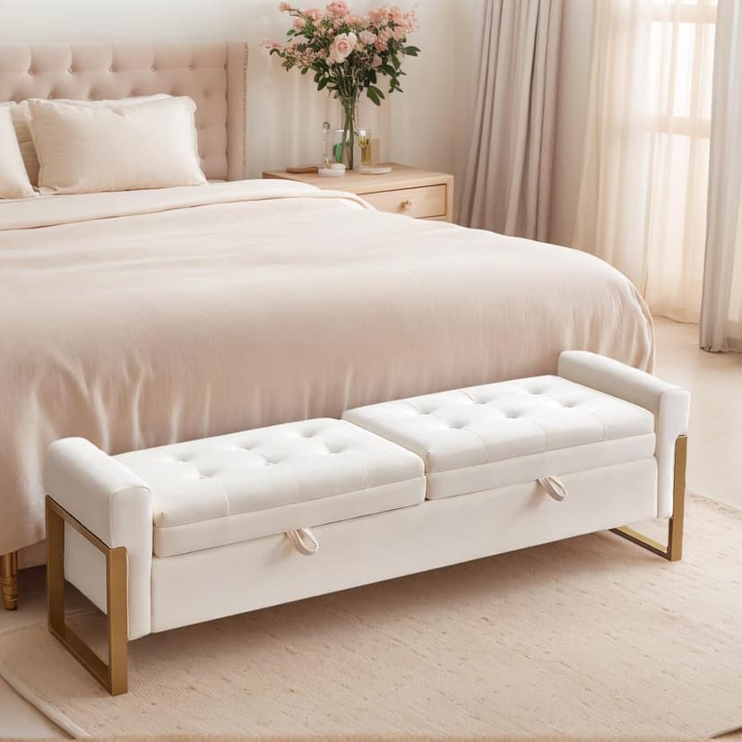 67" Storage Bench for Bedroom, King Size End of Bed Bench with Double Lids, Upholstered Storage Ottoman Bench with Golden Metal Legs, Bedroom Bench for Entryway, Cream