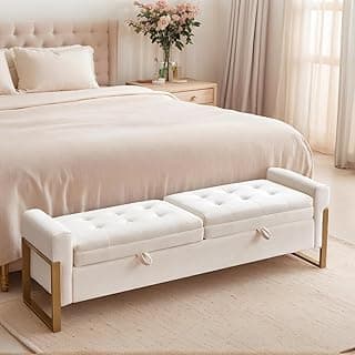 67" Storage Bench for Bedroom, King Size End of Bed Bench with Double Lids, Upholstered Storage Ottoman Bench with Golden Metal Legs, Bedroom Bench for Entryway, Cream