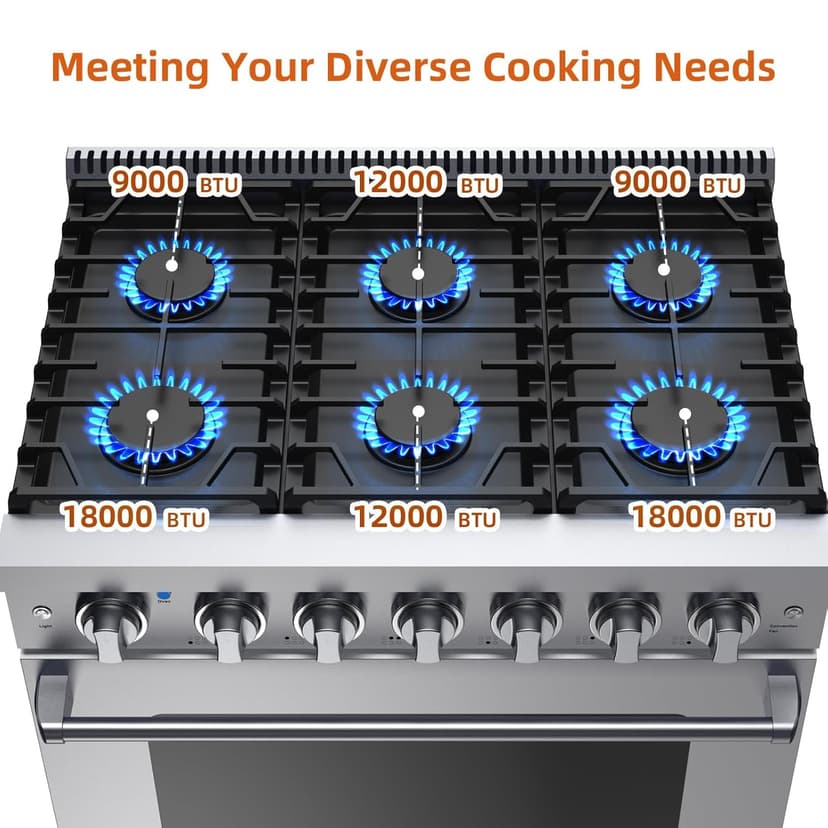 36 Inch Freestanding Dual Fuel Range Oven Stove, 6.0 Cu. Ft True Convection and Self Clean, Cooktop 6 Sealed Gas Burners, Stainless Steel