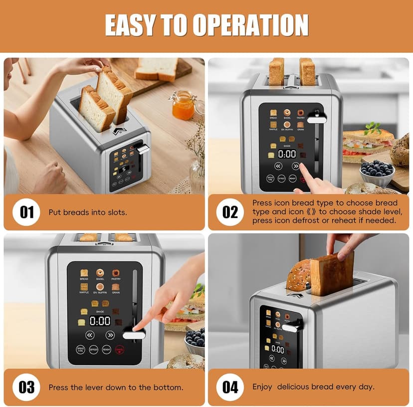 Touch screen Toaster 2 slice,Stainless Steel Digital Timer Toasters with Sound Function,6 Bread Types & 6 Shade Settings,Smart Extra Wide Slots Toaster with Bagel,Defrost Functions
