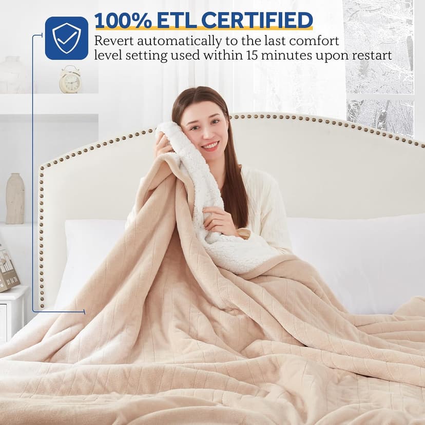 Sealy Electric Blanket Twin Size, Flannel & Sherpa Heated Blanket with 10 Heating Levels & 1-12 Hours Auto Off, Machine Washable, Beige, 62x 84 Inch