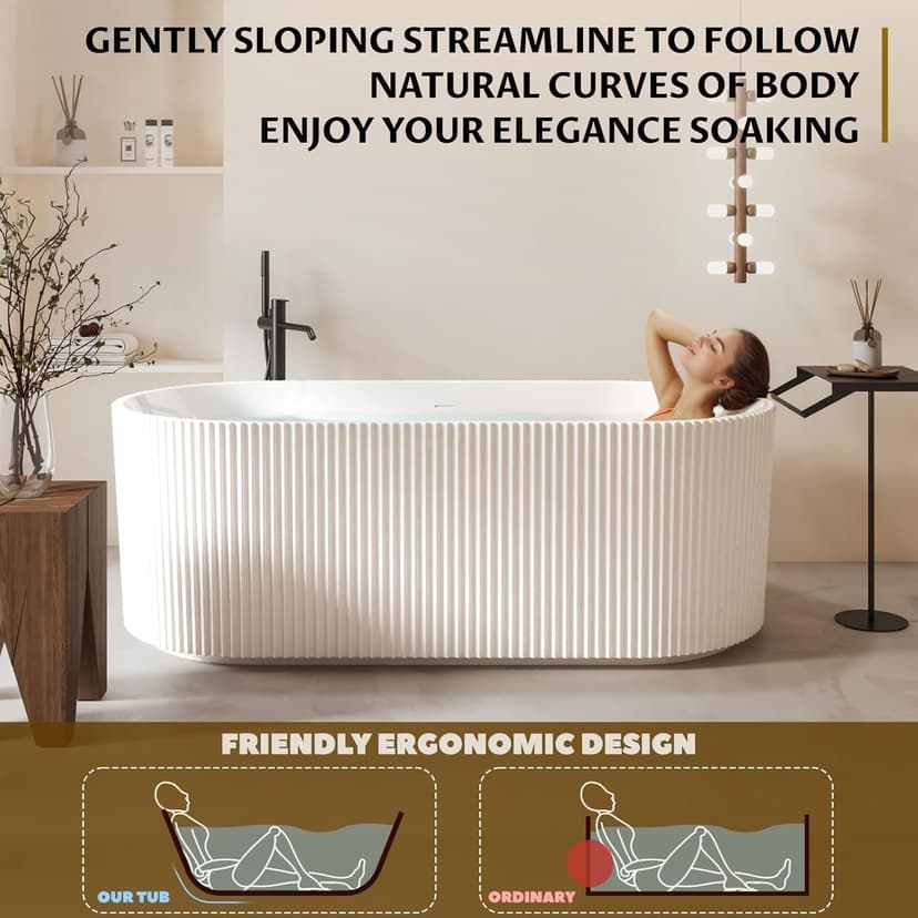 67" Free Standing Tub, Standalone Soaking Pleated Bathtub, Easy Install Freestanding Bathtub, Modern Design for Bathrooms, White