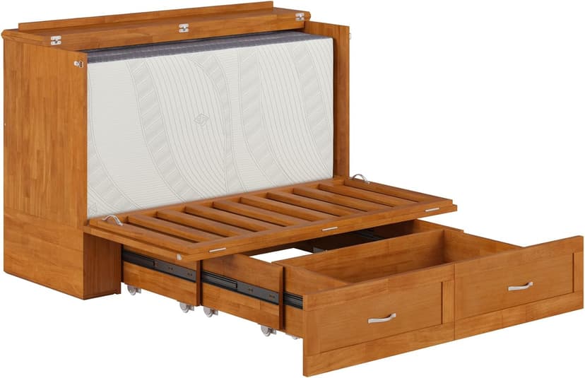 AFI Hamilton Full Murphy Bed Chest with Mattress, Storage, and Built-in Charger in Light Toffee