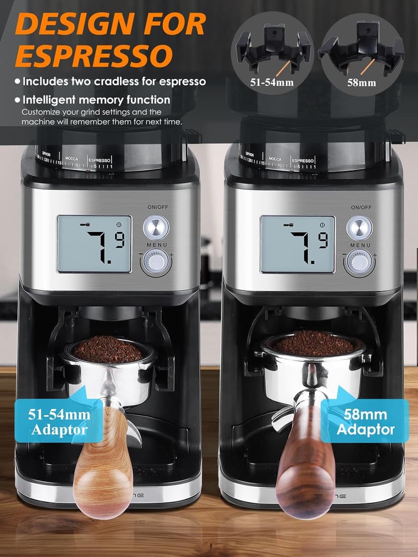 Homtone Conical Burr Coffee Grinder, Anti-Static Electric Espresso Grinder with 51 Precise Settings, Adjustable for 2-12 Cups, 120V Clog-Free, Digital Display Stainless Steel