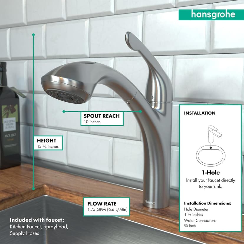 hansgrohe Allegro E Stainless Steel Single-Handle Kitchen Faucet, Kitchen Faucets with Pull Out Sprayer, Faucet for Kitchen Sink, Stainless Steel Optic 04076860, 12.6" Height