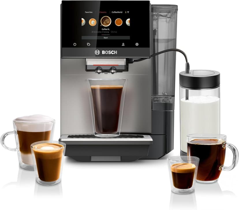 BOSCH 800 Series Fully Automatic Espresso and Coffee Machine – 36 Drinks with Coffee World, Cold Brew, Double Cup, Milk Hose, Glass Milk Container, in Metallic Silver TPU60501