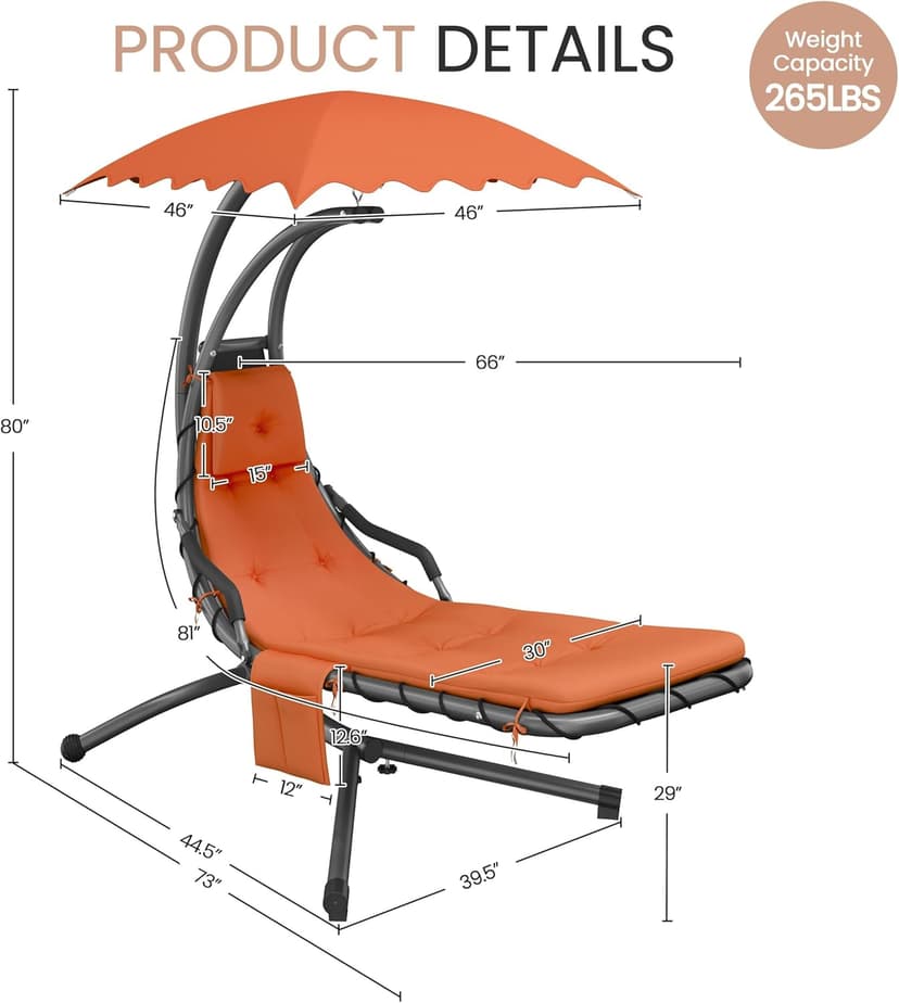 Yaheetech Outdoor Hanging Chaise Lounge Chair Hammock Chair w/Built-in Pillow and Removable Canopy for Patio Backyard Deck Garden - Orange