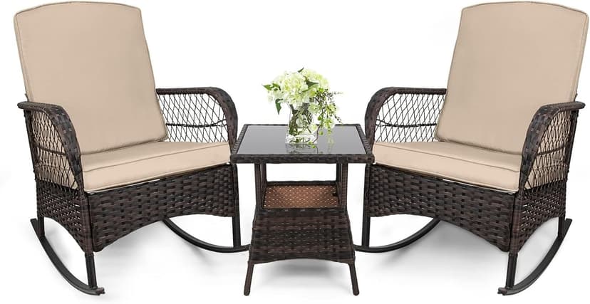 LEVELEVE 3 pcs Rocking Bistro Set Conversation Chairs PE Wicker Outdoor Rocking Chairs & Glass Table,for Porch Lawn Garden Backyard Deck(Rocking Set,Khaki)