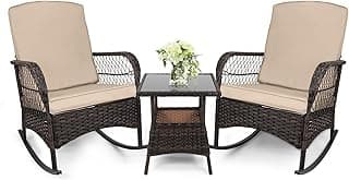 LEVELEVE 3 pcs Rocking Bistro Set Conversation Chairs PE Wicker Outdoor Rocking Chairs & Glass Table,for Porch Lawn Garden Backyard Deck(Rocking Set,Khaki)