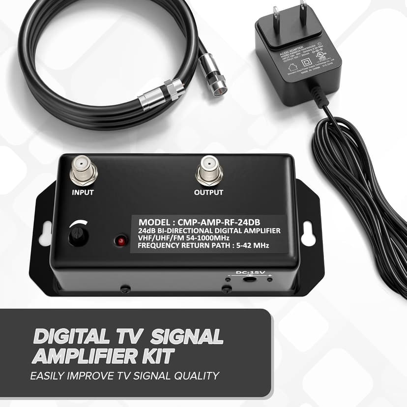 THE CIMPLE CO Antenna Amplifier, Digital TV Signal Booster, Adjustable Gain, 24 dB Distribution, NTSC, ATSC, FM, UHF, VHF, 1000 MHz, Includes RG6 Coaxial Cable