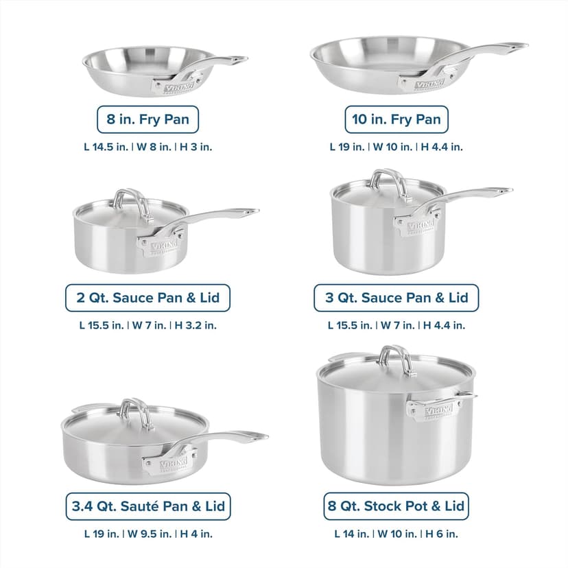 Viking 5-Ply Pots and Pans Set, 10 Piece Stainless Steel Kitchen Cookware, Silver