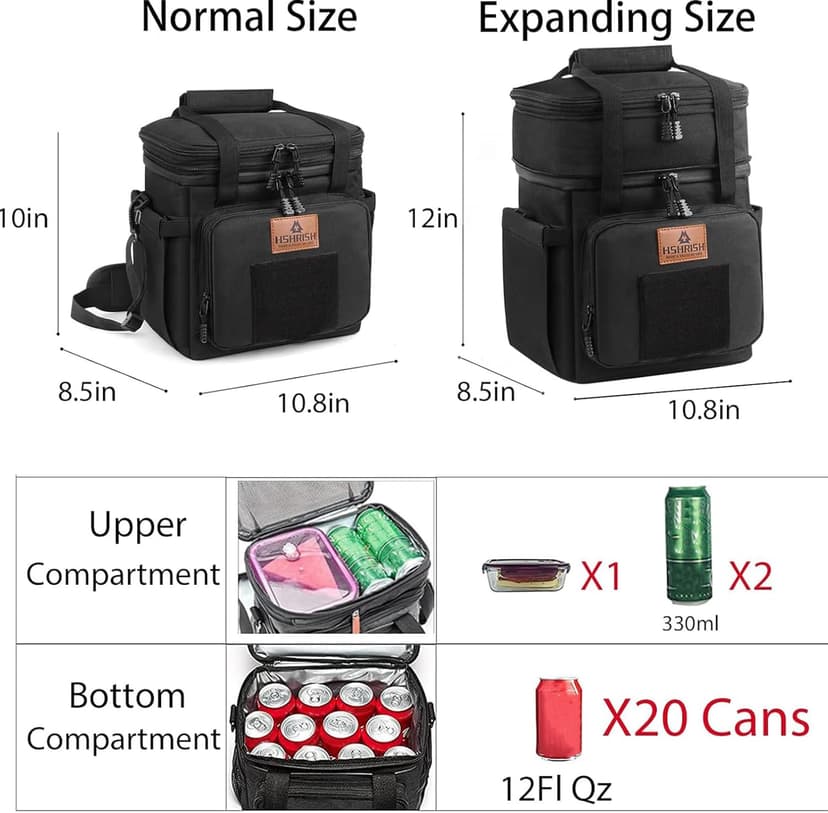 HSHRISH Tactical Lunch Box, Large Expandable Insulated Lunch Bag, Durable Waterproof Leakproof Cooler Bag for Adults/Men/Women/Work Outdoor Beach Trips, 20 Cans/15 L, Black