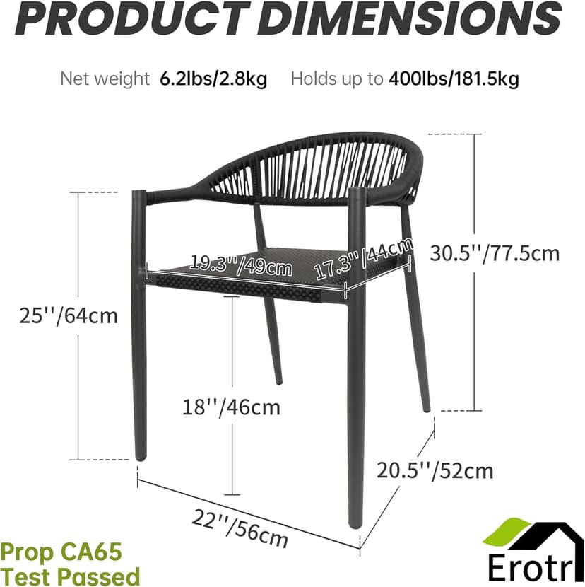 4 Pcs Stackable Patio Dining Chairs, Aluminum Rattan Outdoor Dining Chair with Arms, Woven Rope Garden Armchair Metal No Assembly for Bistro Balcony Porch Deck Yard Cafe Restaurant, Black