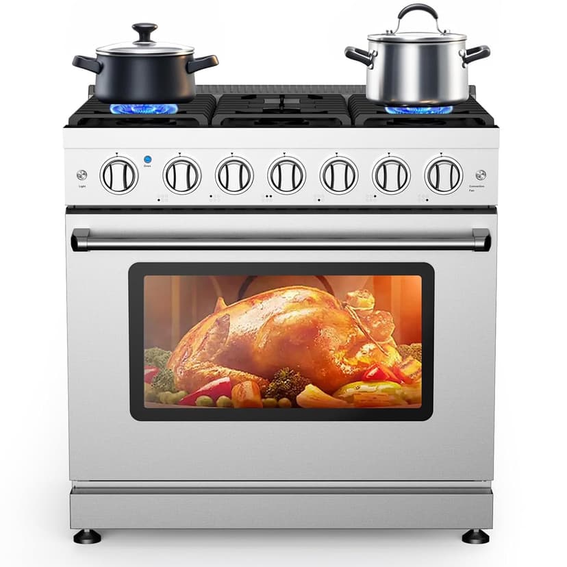 36 Inch Freestanding Dual Fuel Range Oven Stove, 6.0 Cu. Ft True Convection and Self Clean, Cooktop 6 Sealed Gas Burners, Stainless Steel