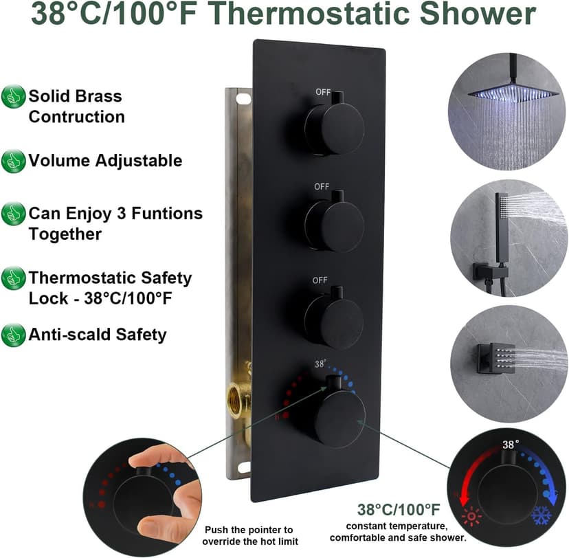 HOMEDEC 12inch Rain Shower System with Full Body Jets Sprays, Ceiling LED Brass Shower Faucet Set with 3 Functions Thermostatic Valve, Can Use All Function At Once