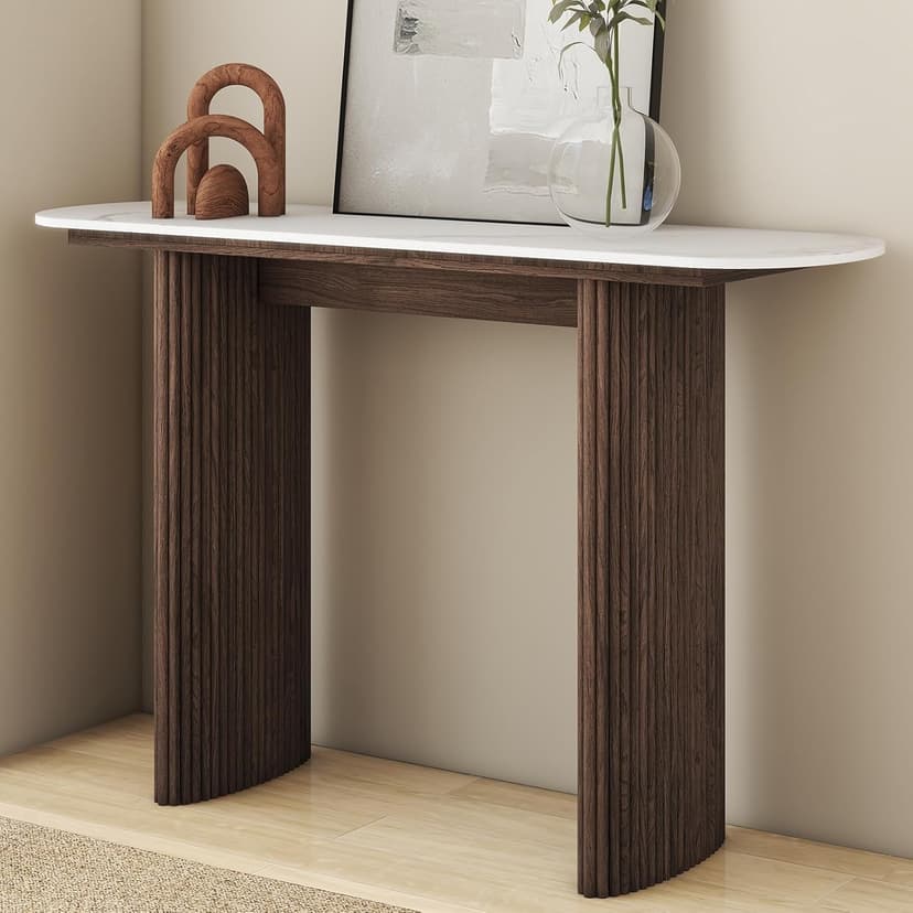 47.24" Walnut Console Table with Sintered Stone Top, Fluted Solid Wood Base Sofa Table, Mid Century Modern Entryway Table for Hallway, Behind The Couch, Living Room, Foyer, Easy Assembly
