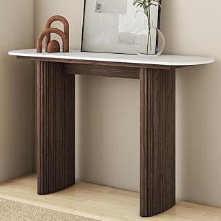 47.24" Walnut Console Table with Sintered Stone Top, Fluted Solid Wood Base Sofa Table, Mid Century Modern Entryway Table for Hallway, Behind The Couch, Living Room, Foyer, Easy Assembly
