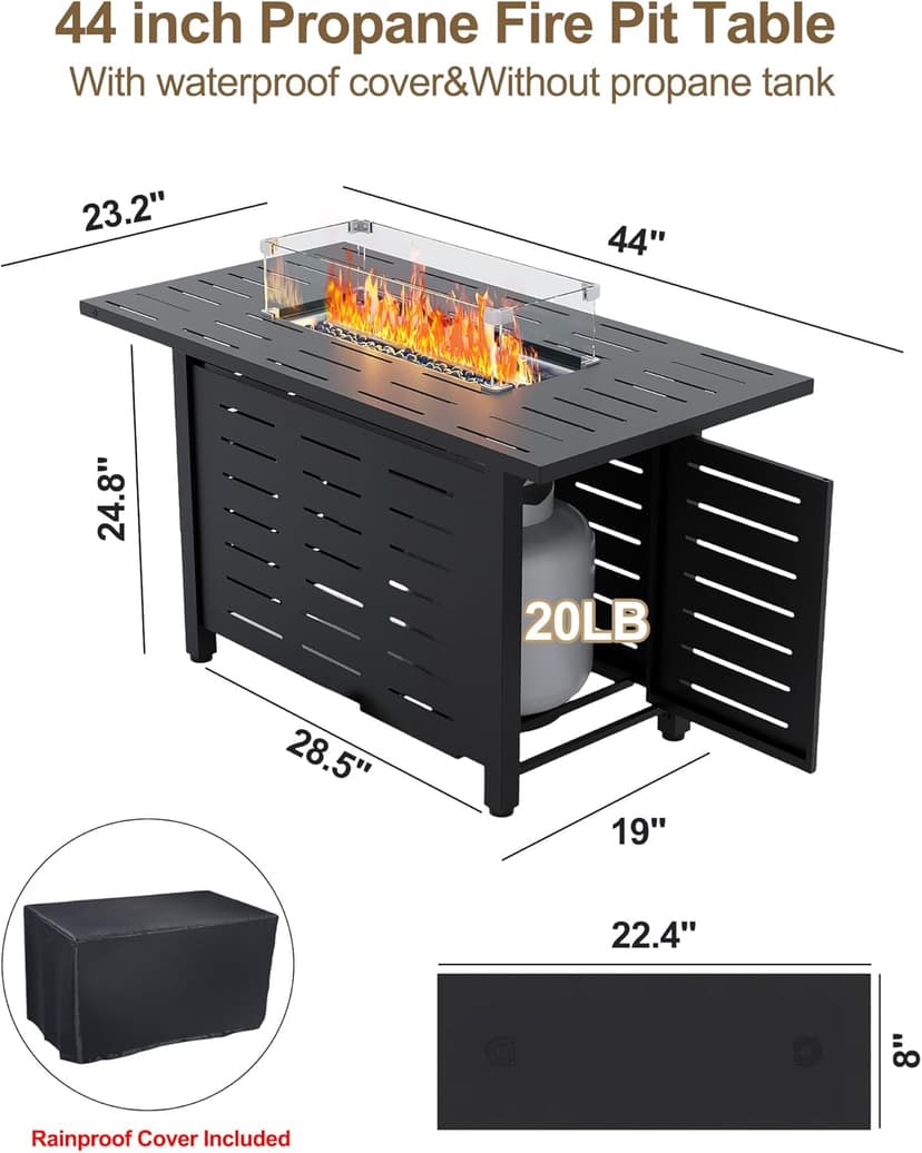 44" Outdoor Propane Fire Pit Table, 48,000 Btu Lp Gas Rectangular Fire Table with Ignition Systems and Lid,Outdoor Firetable with Glass Rocks for Patio Deck Garden Backyard