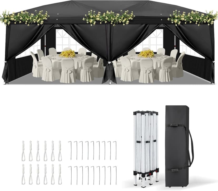VINGLI 10x20 ft Pop Up Canopy Tent with 6 Sidewalls, Carry Bag, Outdoor Gazebo, Patio Event, Commercial Canopy (Black)