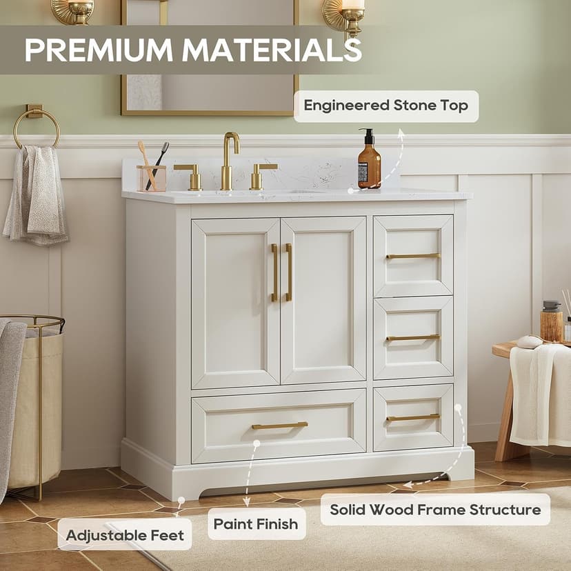 36 Inch Bathroom Vanity with Sink, Solid Wood Frame with Engineered Marble Top, Fully Assembled Storage Cabinet with 2 Soft-Closing Doors & 4 Drawers, Backspalsh, Greige
