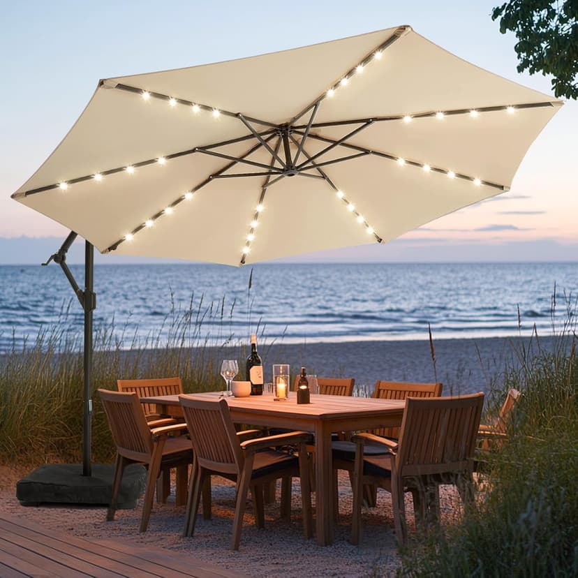 wikiwiki 10FT Solar Patio Offset Umbrella with Base Included, Outdoor Cantilever Umbrella Hanging Umbrellas with Weighted Sandbag Base, Market Patio Umbrella for Backyard, Garden & Deck, Beige