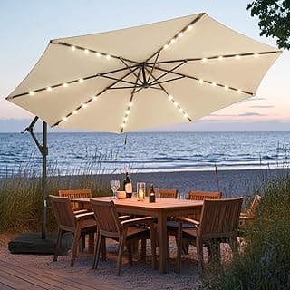 wikiwiki 10FT Solar Patio Offset Umbrella with Base Included, Outdoor Cantilever Umbrella Hanging Umbrellas with Weighted Sandbag Base, Market Patio Umbrella for Backyard, Garden & Deck, Beige