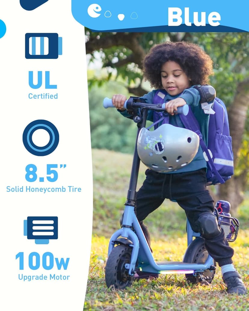 Hiboy Q2 Lite Electric Scooter with Seat for Kids Ages 4-10 - UL Certified, Up to 9.3 MPH with 100W Motor, 3-Speed Adjustable, Rear Basket, LED Neon/Brake Lights, LCD Display