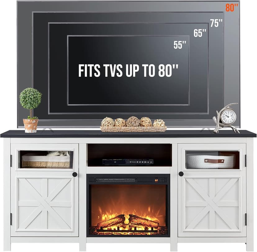 JXQTLINGMU Fireplace TV Stand for 80 Inch TV, Farmhouse Highboy Entertainment Center w/23'' Electric Fireplace & Cross Barn Door, Large TV Console for TVs Up to 80", 70 inches, White