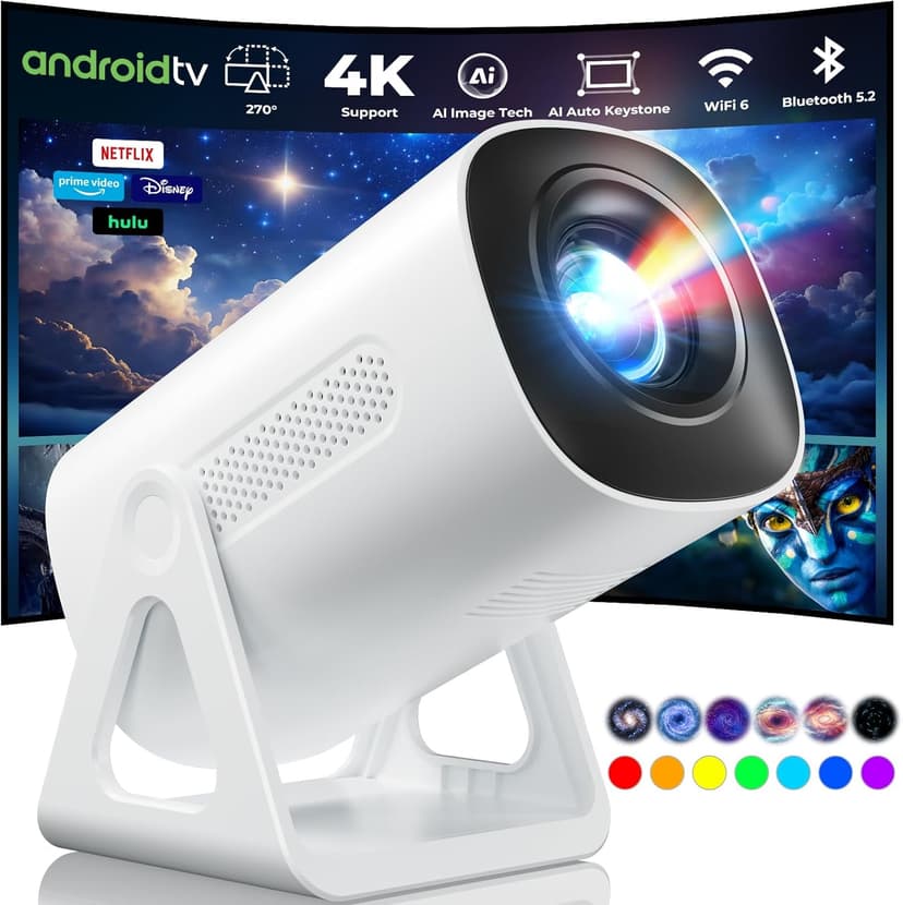 Portable WiFi and Bluetooth Projector - 4K 1080P Supported Android Smart Mini Movie Projector, 270°Adjustable Stand Outdoor Home Star Projector with Ambient Light for Phone TV Stick Laptop